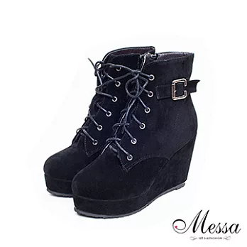 【Messa米莎】簡約百搭麻繩麂皮絨楔型短筒靴35黑色