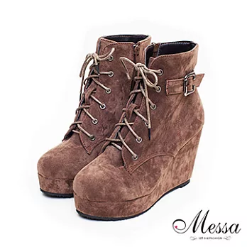 【Messa米莎】簡約百搭麻繩麂皮絨楔型短筒靴35卡其色