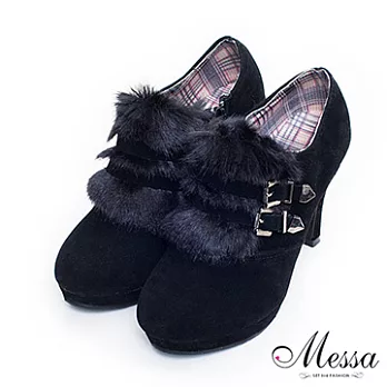 【Messa米莎】時尚甜美環帶皮草風高跟包鞋35黑色