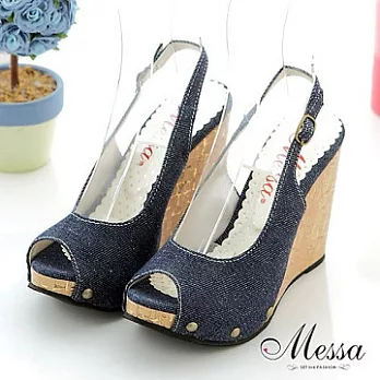 【Messa米莎】(MIT)春夏浪漫款魚口高跟木紋械型涼鞋36藍色