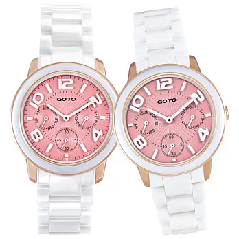 GOTO 躍色潮流時尚陶瓷對錶-粉面白