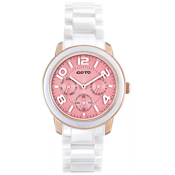GOTO 躍色潮流時尚陶瓷腕錶-粉面白/大