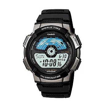 CASIO 世界地圖儀表雙顯運動腕錶-橡膠-黑-AE-1100W-1A