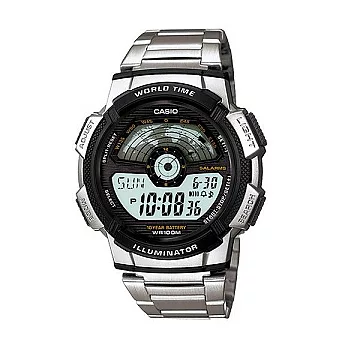 CASIO 世界地圖儀表雙顯運動不鏽鋼腕錶-銀-AE-1100WD-1A