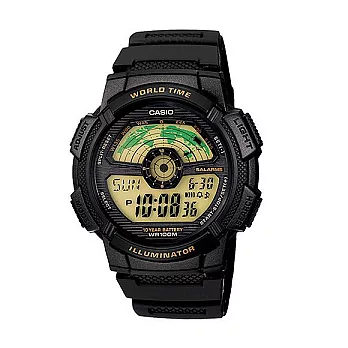 CASIO 世界地圖在握雙顯運動腕錶-橡膠-黑-AE-1100W-1B