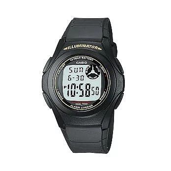CASIO 生活小幫手數位電子運動腕錶-黑+金邊-F-200W-9A