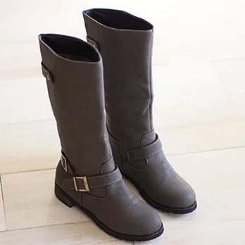 ◤Green Phoenix◥歐美經典百搭皮帶平底高筒靴24.5灰色