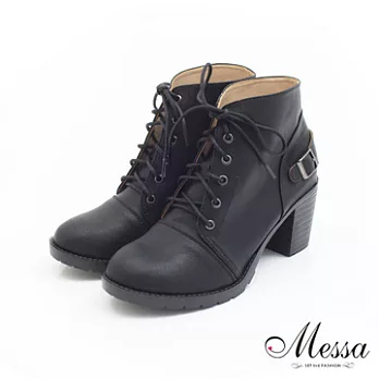 【Messa米莎】(MIT)韓系復古感釦飾綁帶短靴35黑色