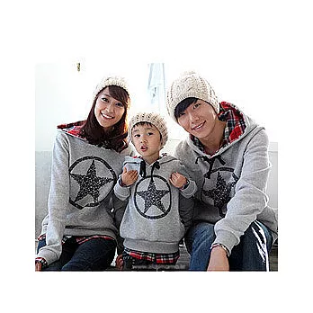 時尚OK系列灰色大星印花格紋裡連帽上衣親子裝-媽媽S灰