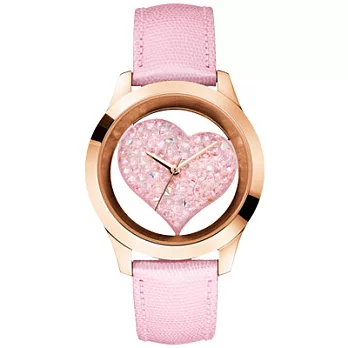 GUESS 晶透戀心晶鑽時尚鏤空腕錶(粉紅)