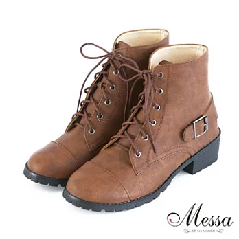 【Messa米莎】(MIT)街頭風潮金屬扣帶綁帶短筒靴36棕色