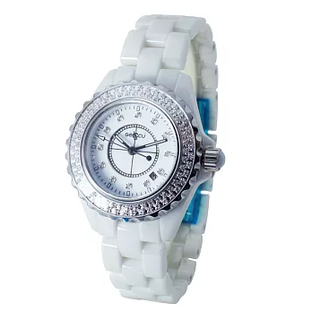 GECCU 義式風格 8802魅力鑲鑽 高精密陶瓷晶鑽腕錶(白色)