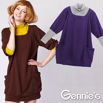 【Gennie’s奇妮】復古假兩件秋冬長版哺乳衣(GN026)M紫