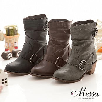 【Messa米莎】牛仔風中性皮帶繞環中筒軍靴_35黑色