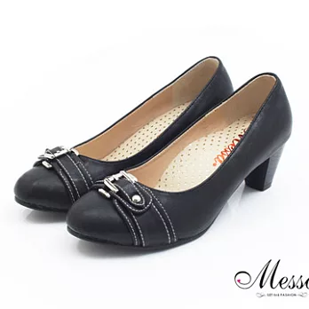 【Messa米莎】(MIT)典雅風采縫線金屬釦環內真皮高跟鞋35黑色