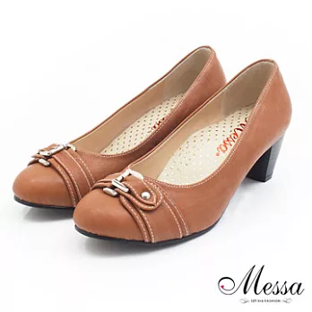 【Messa米莎】(MIT)典雅風采縫線金屬釦環內真皮高跟鞋35棕色