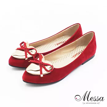 【Messa米莎】(MIT)都會魅力金屬愛心蝴蝶結內真皮低跟包鞋35紅色