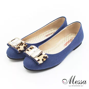 【Messa米莎】(MIT)時尚焦點豹紋蝴蝶結內真皮平底包鞋35藍色