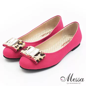 【Messa米莎】(MIT)時尚焦點豹紋蝴蝶結內真皮平底包鞋35桃紅色