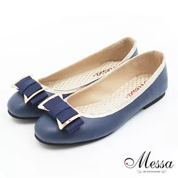 【Messa米莎】(MIT)法式甜心蝴蝶結內真皮平底包鞋35藍色