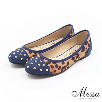 【Messa米莎】(MIT)性感豹紋鉚釘內真皮皮平底包鞋36藍色