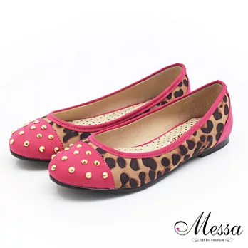 【Messa米莎】(MIT)性感豹紋鉚釘內真皮皮平底包鞋36桃紅色