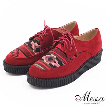 【Messa米莎】(MIT)韓版潮流民族風絨面內真皮厚底休閒鞋36紅色