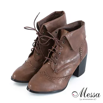 【Messa米莎】學院紳士風翻領造型雕花綁帶粗跟牛津靴36咖啡色