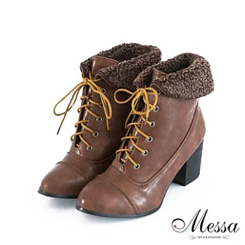 【Messa米莎】古著率性毛料翻領綁帶粗跟靴37咖啡色