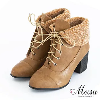 【Messa米莎】古著率性毛料翻領綁帶粗跟靴37杏色