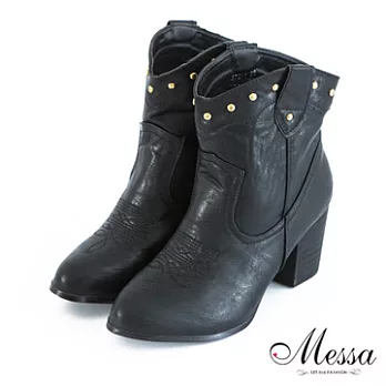 【Messa米莎】復古氣息個性鉚釘V口造型粗跟短靴39黑色