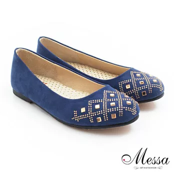 【Messa米莎】(MIT)低調奢華寶石水鑽裝飾內真皮平底包鞋35藍色