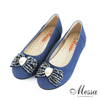 【Messa米莎】(MIT) 閃耀五金飾釦環蝴蝶結內真皮平底包鞋35藍色