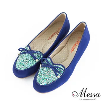 【Messa米莎】(MIT) 氣質蝴蝶結亮片超柔軟內真皮平底包鞋35藍色