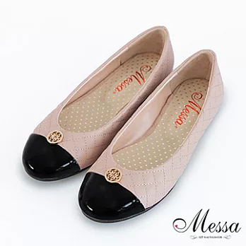 【Messa米莎】(MIT) 沁心優雅漆面拼接菱格內真皮平底包鞋40粉紅色