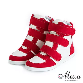 【Messa米莎】(MIT) 韓版拼接帆布魔鬼氈內增高休閒鞋35紅色