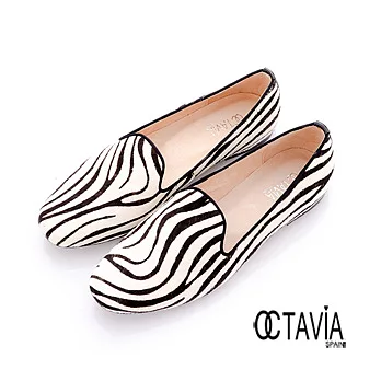 【OCTAVIA】直紋斑馬黑白調 法式微跟Loafer休閒鞋 - 39斑黑白