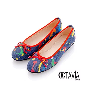 【OCTAVIA】潑彩畫畫 紅邊牛仔布芭蕾娃娃鞋 - 37彩色藍