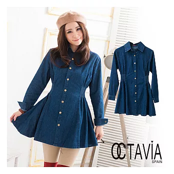 【OCTAVIA COLOR】界限 縮腰修身牛仔長襯衫 - 限定藍