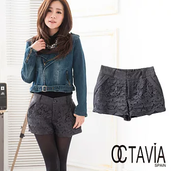 【OCTAVIA COLOR】蕾絲片子 毛料短褲 - 時尚灰
