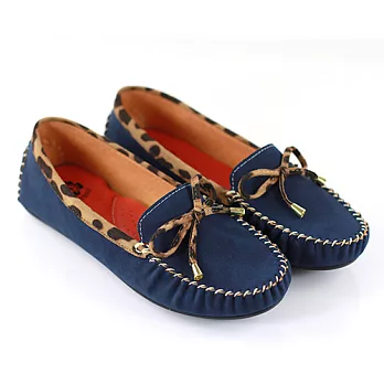 ◤Green Phoenix◥可彎曲莫卡辛豹紋邊平底包鞋24藍色