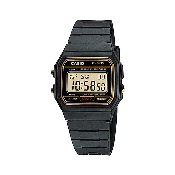 CASIO 暢銷數位電子運動腕錶-黑+金邊-F-91WG-9