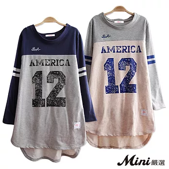 T恤 數字印花拼接長版長T 二色-Mini嚴選-FREE(米灰)
