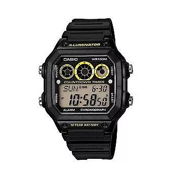 CASIO 多功能三環時計液晶時尚腕錶-黑+黃圈-AE-1300WH-1A