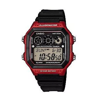 CASIO 多功能三環時計液晶時尚腕錶-黑+紅框-AE-1300WH-4A