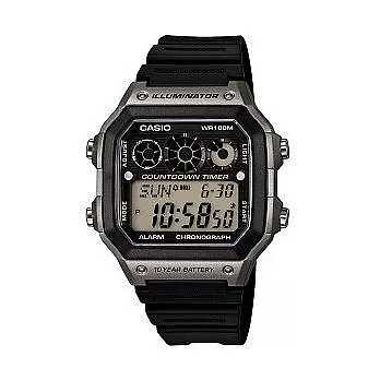 CASIO 多功能三環時計液晶時尚腕錶-黑+灰框-AE-1300WH-8A
