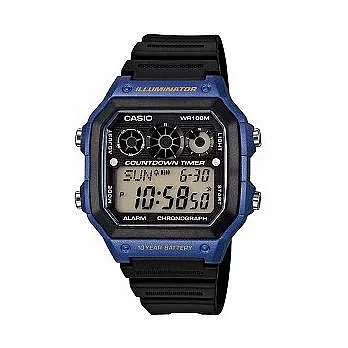 CASIO 多功能三環時計液晶時尚腕錶-黑+藍框-AE-1300WH-2A