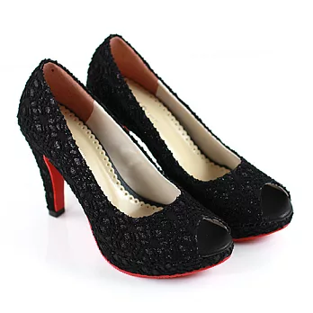 ◤Green Phoenix◥蕾絲金蔥魚口高跟鞋23.5黑色