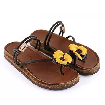 ◤Green Phoenix◥ＭＩＴ手工真皮花朵趾套休閒拖鞋．涼鞋36黃色