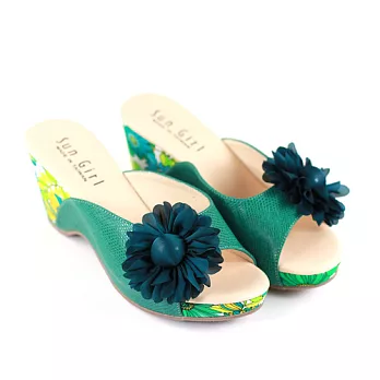 ◤Green Phoenix◥綠意盎然花朵厚底休閒拖鞋 24綠色